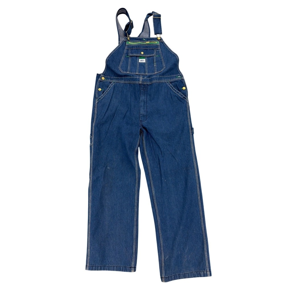Liberty Mens Blue Denim Bib Overalls Workwear 38x30 Green Zipper Pocket 38x28